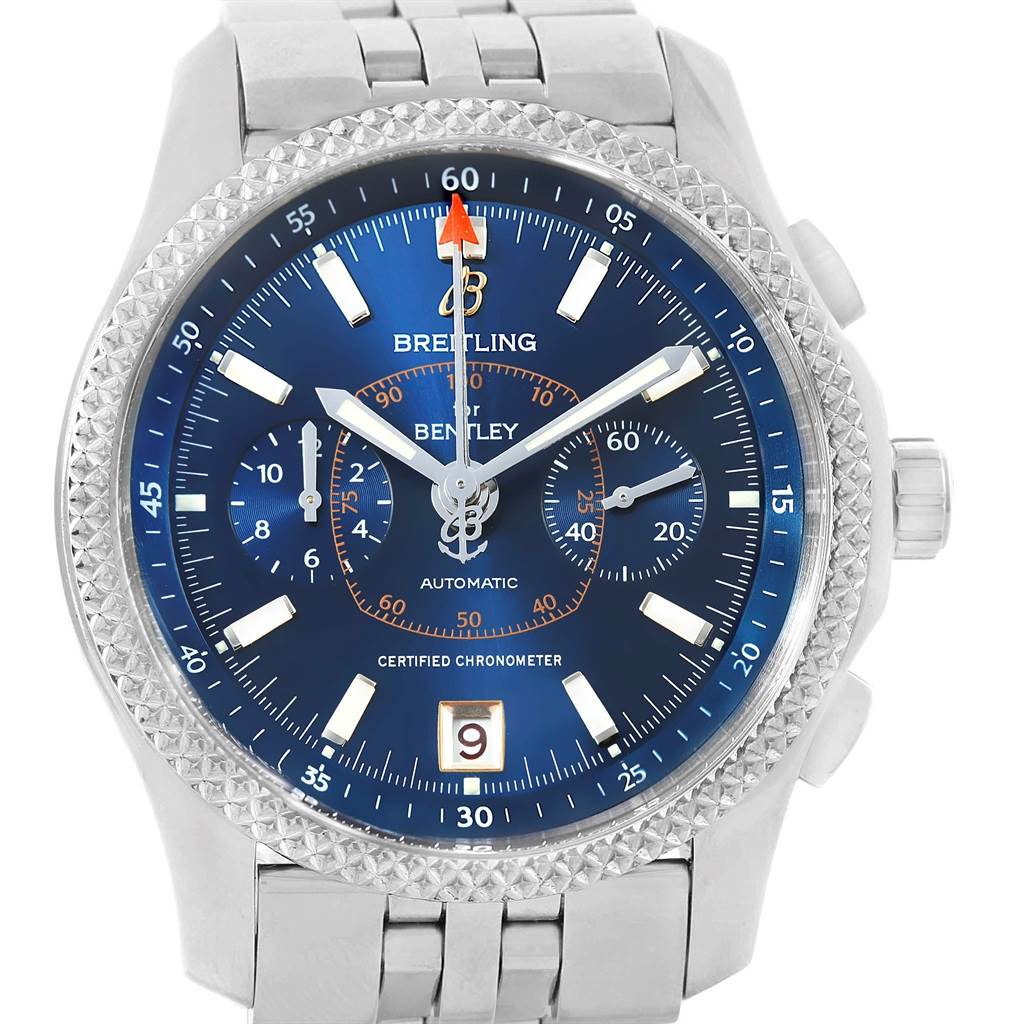 The image shows a front view of the Breitling Bentley P26362 Men's Stainless Steel Blue Dial P26362 Men's Stainless Steel Blue Dial watch, highlighting its blue dial, chronograph sub-dials, and stainless steel bracelet.