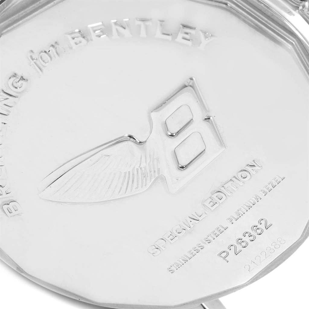 The image shows the case back of a Breitling Bentley P26362 Men's Stainless Steel Blue Dial P26362 Men's Stainless Steel Blue Dial model watch with engravings and branding details.