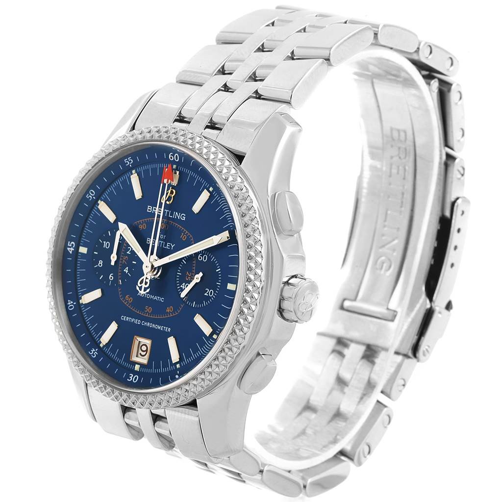 The image shows a Breitling Bentley P26362 Men's Stainless Steel Blue Dial P26362 Men's Stainless Steel Blue Dial watch from a front-left angle, highlighting its blue dial, bezel, crown, and metal bracelet.