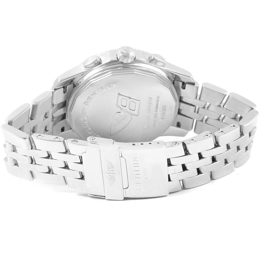 The image shows the back and bracelet of a Bentley model watch by Breitling, focusing on the clasp and case back.