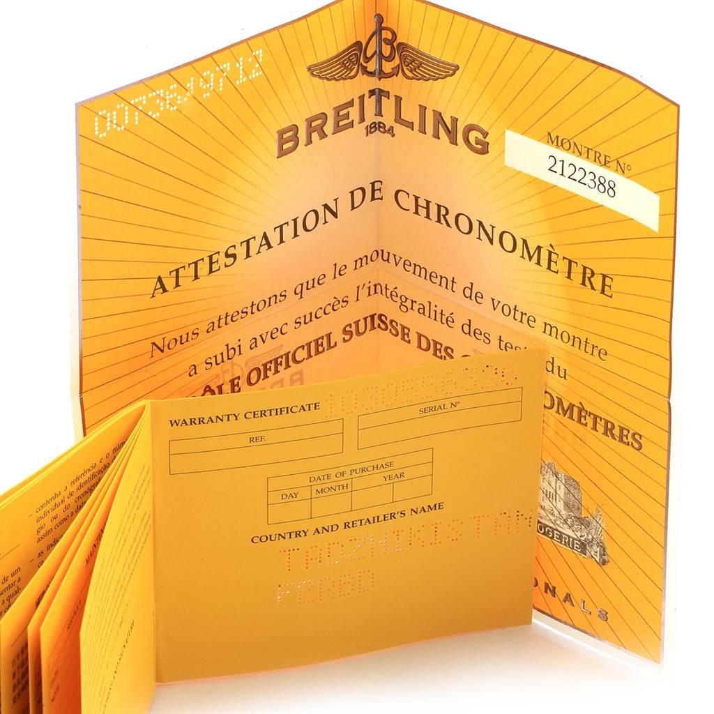 The image shows warranty certificates and chronometer certification papers for the Bentley model by Breitling.