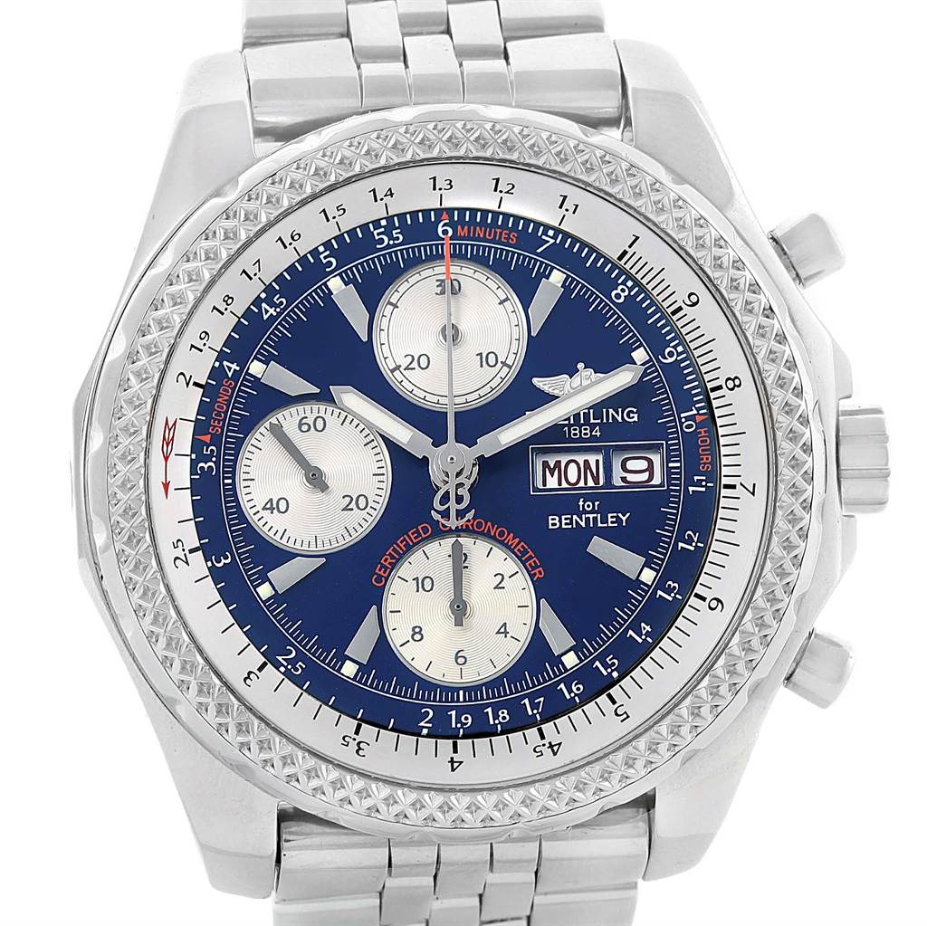 This image shows a front view of a Breitling Bentley A13362 Men's Stainless Steel Blue Dial A13362 Men's Stainless Steel Blue Dial watch, highlighting the dial, subdials, bezel, and metal strap.