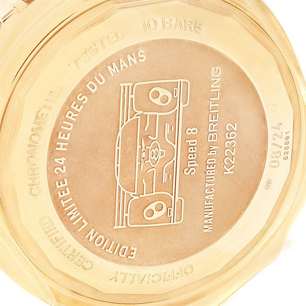 The image shows the engraved back case of a Breitling Bentley K22362 Men's Yellow Gold Grey Dial K22362 Men's Yellow Gold Grey Dial model watch, displaying "Edition Limitee 24 Heures du Mans."