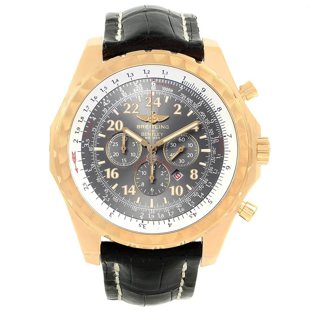 The Breitling Bentley K22362 Men's Yellow Gold Grey Dial K22362 Men's Yellow Gold Grey Dial model watch is shown from a front angle, displaying the dial, hands, case, bezel, and black leather strap.