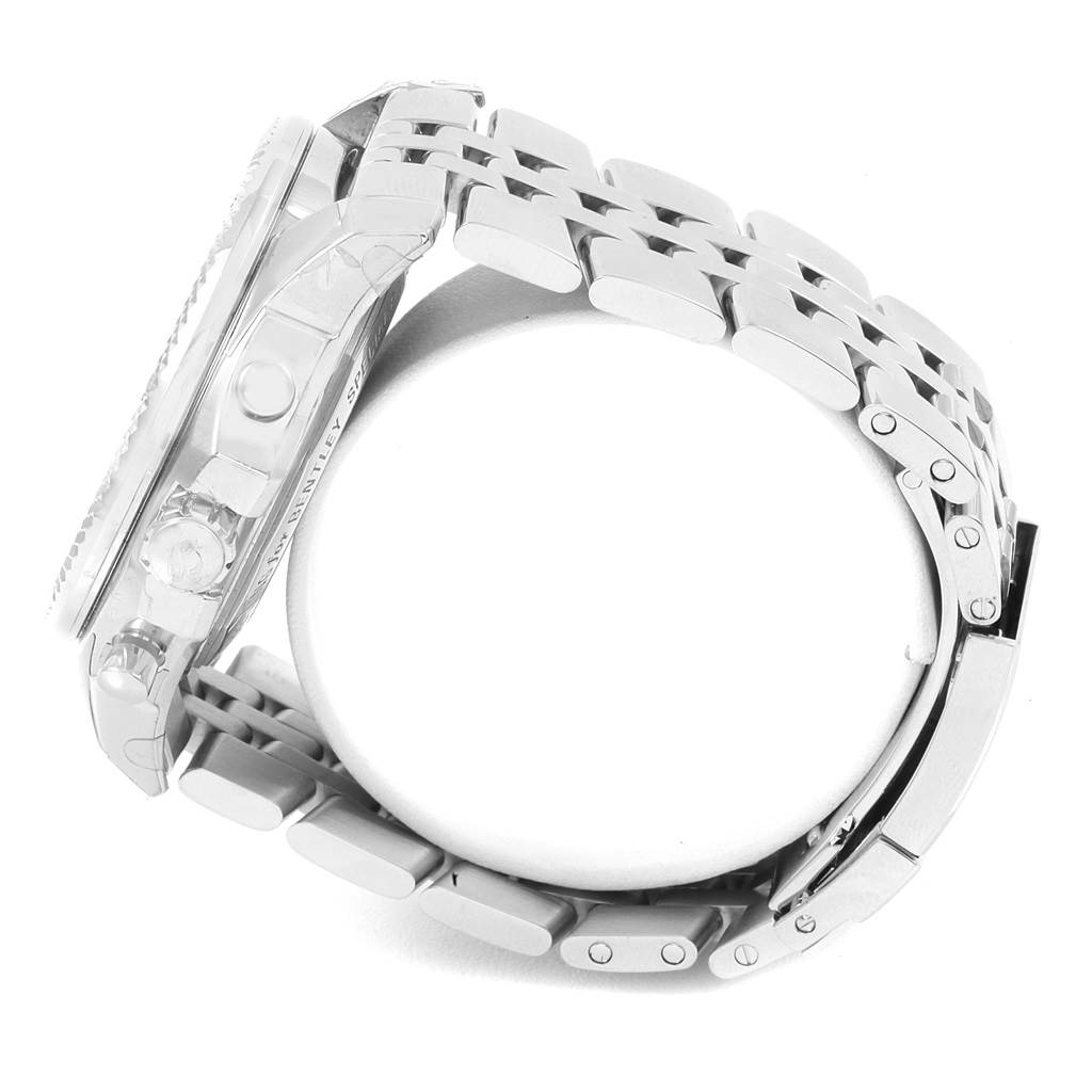 The Breitling Bentley AB0521U4-BC65-990A Men's Stainless Steel Black Dial AB0521U4-BC65-990A Men's Stainless Steel Black Dial watch is shown from a side angle, highlighting its metal bracelet and crown.