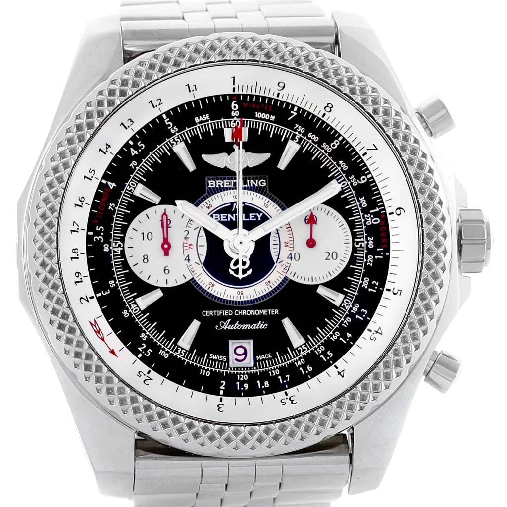This image shows a front view of the Breitling Bentley A26364 Men
s Stainless Steel Black Dial A26364 Men
s Stainless Steel Black Dial watch, displaying its dial, bezel, chronograph subdials, and part of the bracelet.