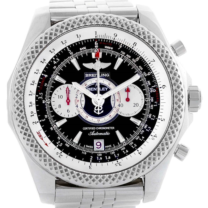 This image shows a front view of the Breitling Bentley watch, displaying its dial, bezel, chronograph subdials, and part of the bracelet.