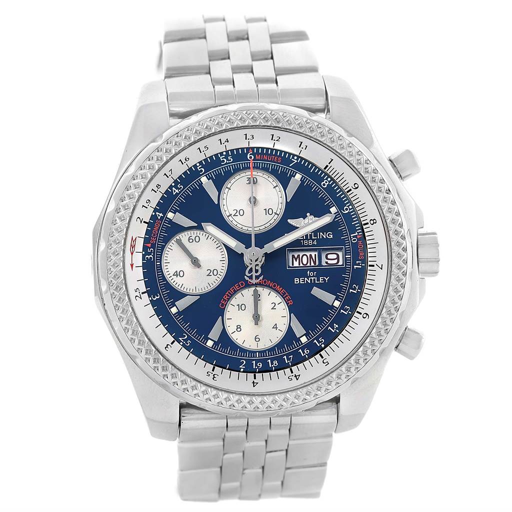 The image shows a frontal view of a Breitling Bentley A13362 Men's Stainless Steel Blue Dial A13362 Men's Stainless Steel Blue Dial model watch, highlighting its face, dial, chronograph subdials, and stainless steel bracelet.