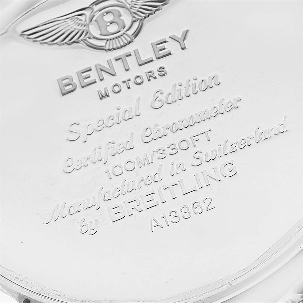 The image shows the back case of the Bentley model by Breitling, highlighting engravings and certification details.