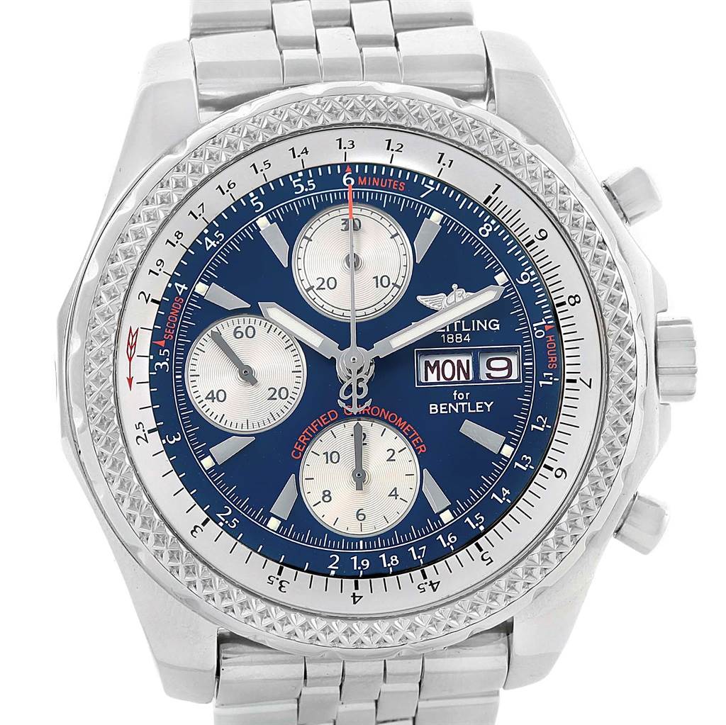 This image shows the front view of the Breitling Bentley A13362 Men's Stainless Steel Blue Dial A13362 Men's Stainless Steel Blue Dial model watch, highlighting its face, dial, and chronograph functions.
