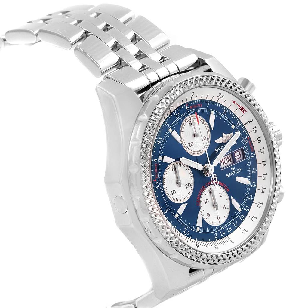 The image shows a side angle of the Breitling Bentley A13362 Men's Stainless Steel Blue Dial A13362 Men's Stainless Steel Blue Dial watch, highlighting its blue dial, subdials, and metal bracelet.