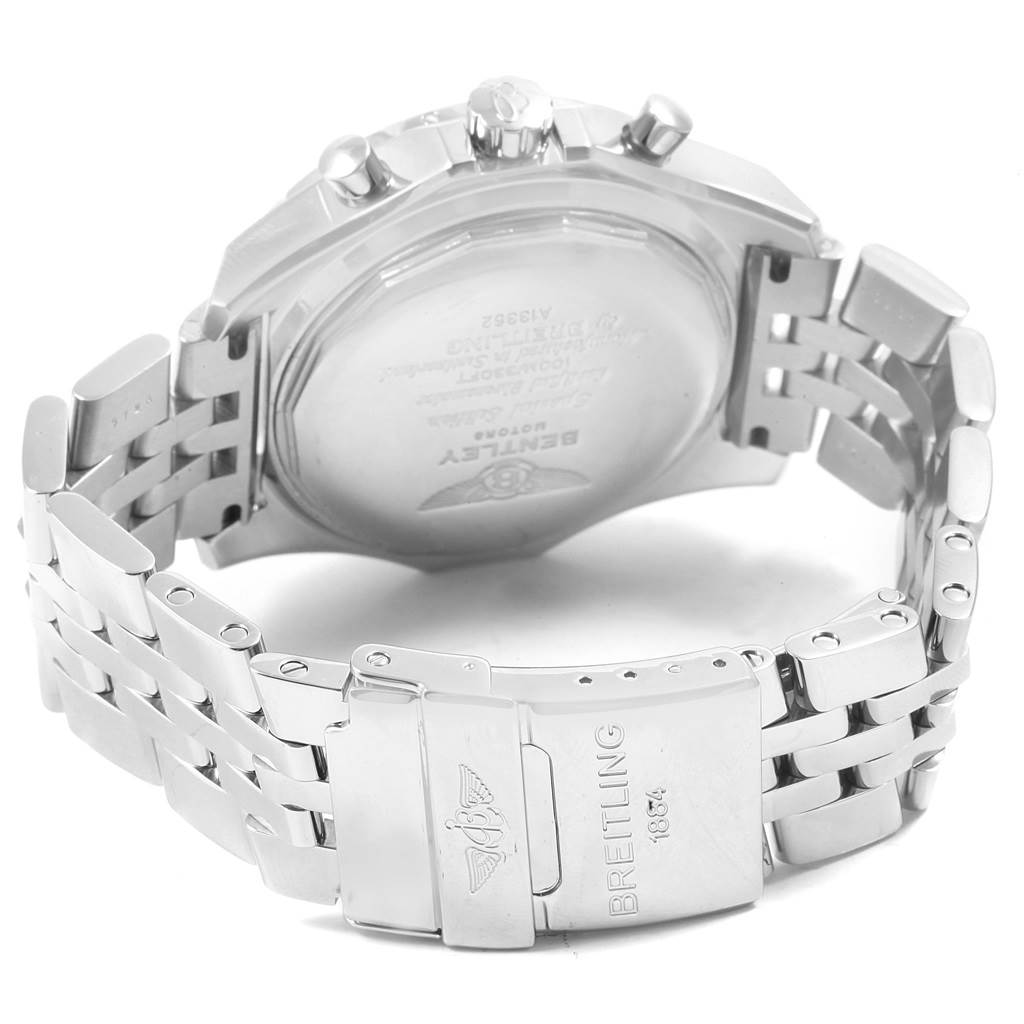 The image shows the back view of a Bentley model by Breitling, highlighting the clasp, bracelet, and case back.