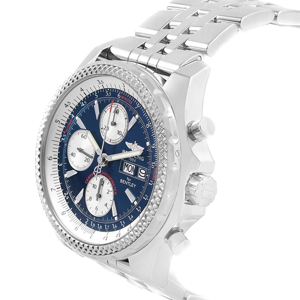 This image shows the Breitling Bentley A13362 Men's Stainless Steel Blue Dial A13362 Men's Stainless Steel Blue Dial watch at a 45-degree angle, showcasing its face, bezel, and part of the metal bracelet.