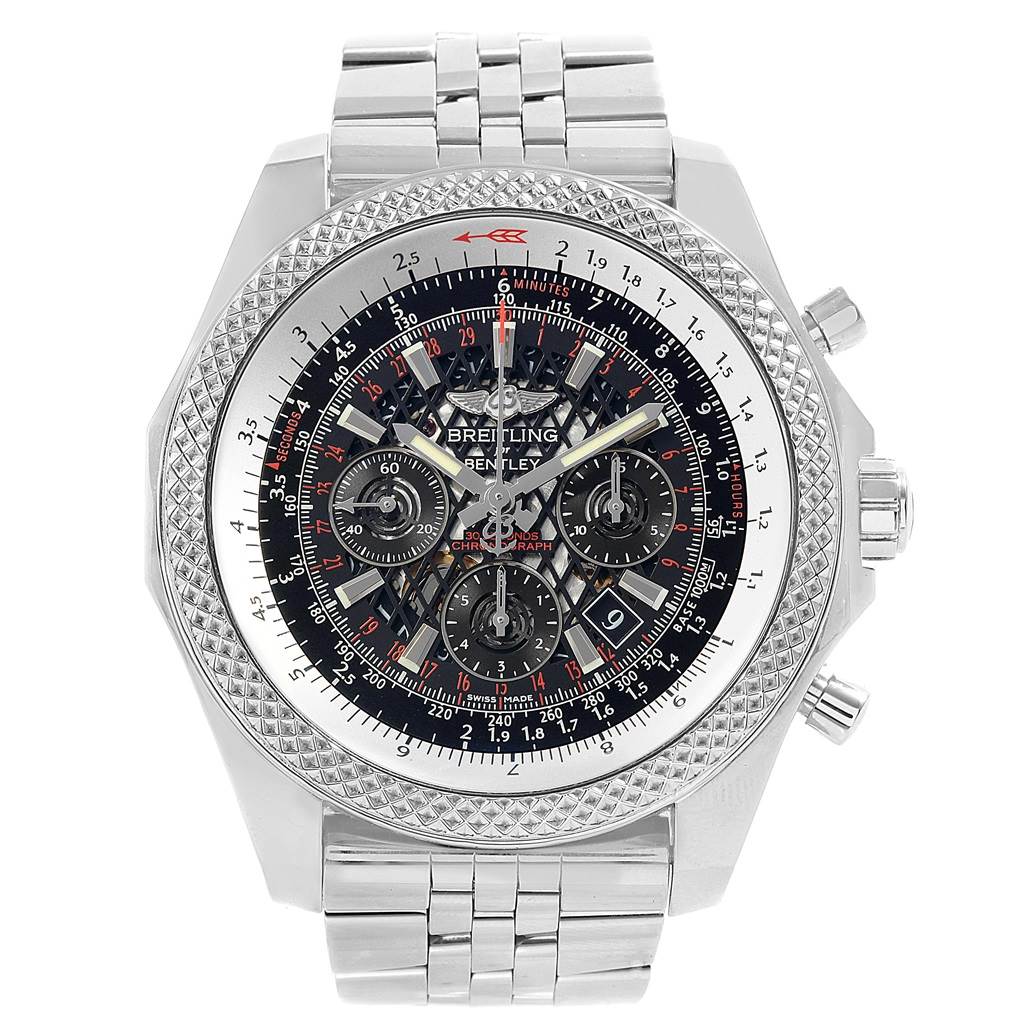 This image shows a front view of a Breitling Bentley AB0612 Men's Stainless Steel Black Dial AB0612 Men's Stainless Steel Black Dial model watch, showcasing its dial, bezel, and metal bracelet.