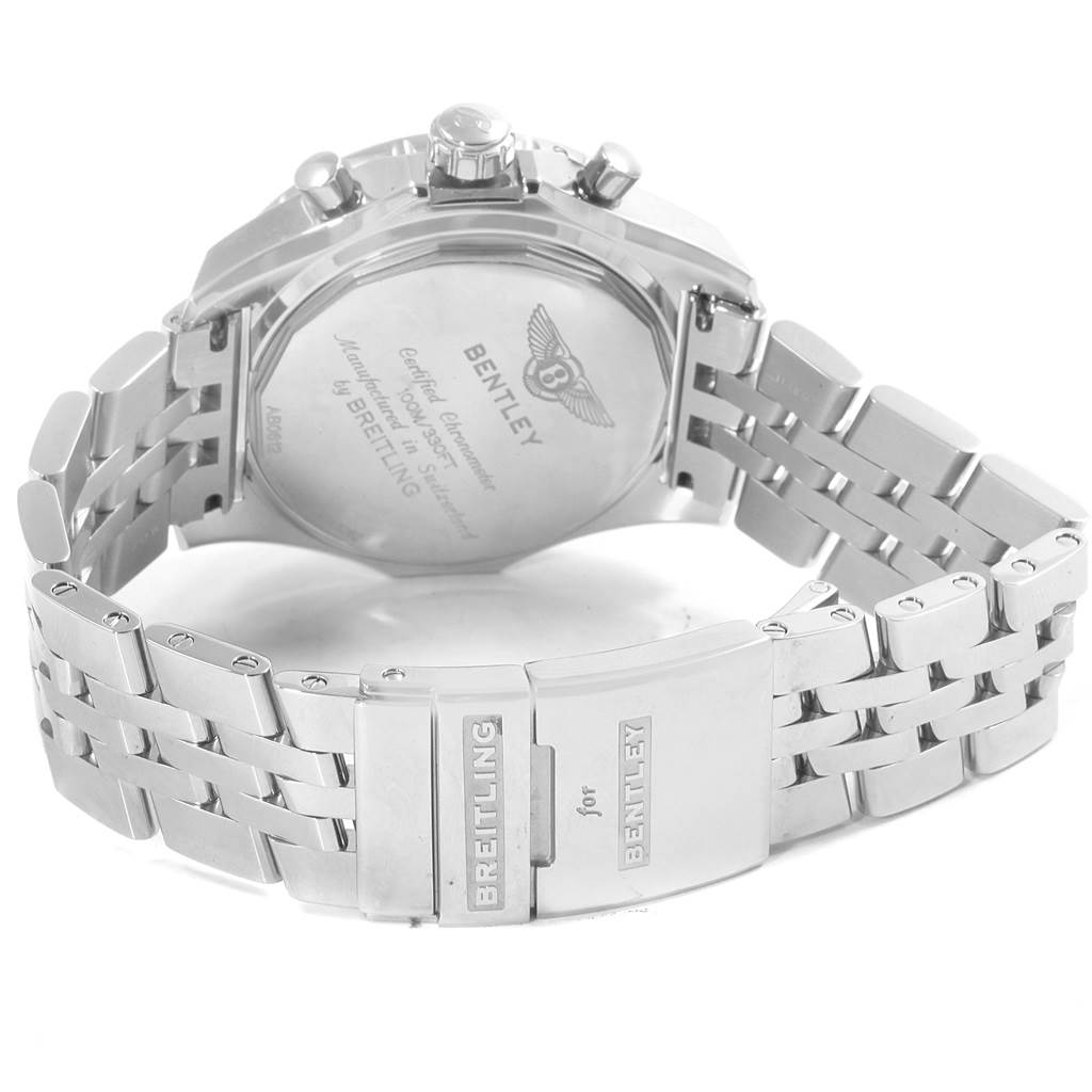 The image shows the back case and bracelet clasp of the Breitling Bentley AB061221/G810-980A Men
s Stainless Steel Silver Dial AB061221/G810-980A Men
s Stainless Steel Silver Dial watch, viewed from an angled rear perspective.