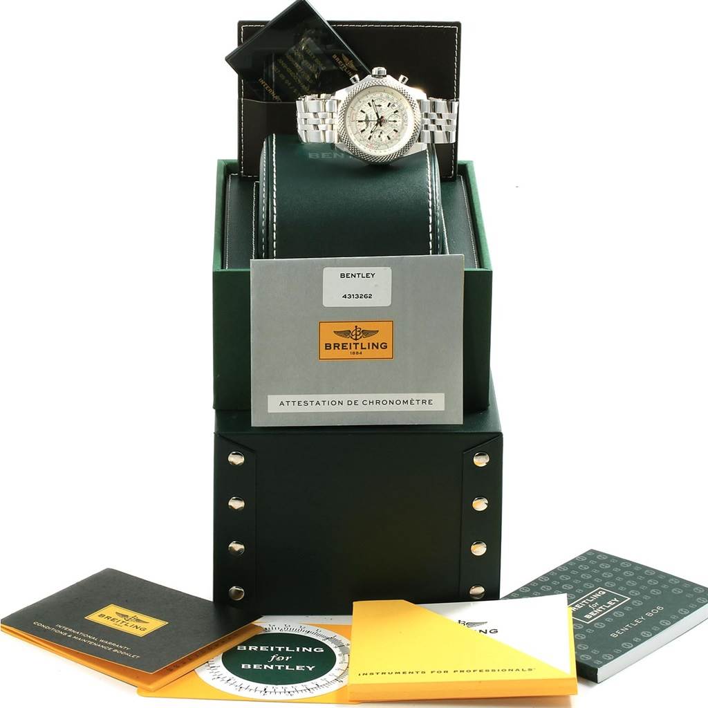 This Bentley model by Breitling is shown at an angle inside its open box alongside Best Quality
ity documents.