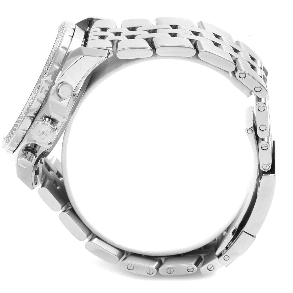 The Breitling Bentley AB061221/G810-980A Men
s Stainless Steel Silver Dial AB061221/G810-980A Men
s Stainless Steel Silver Dial model watch is shown from a side angle, highlighting the case, bracelet, and clasp.