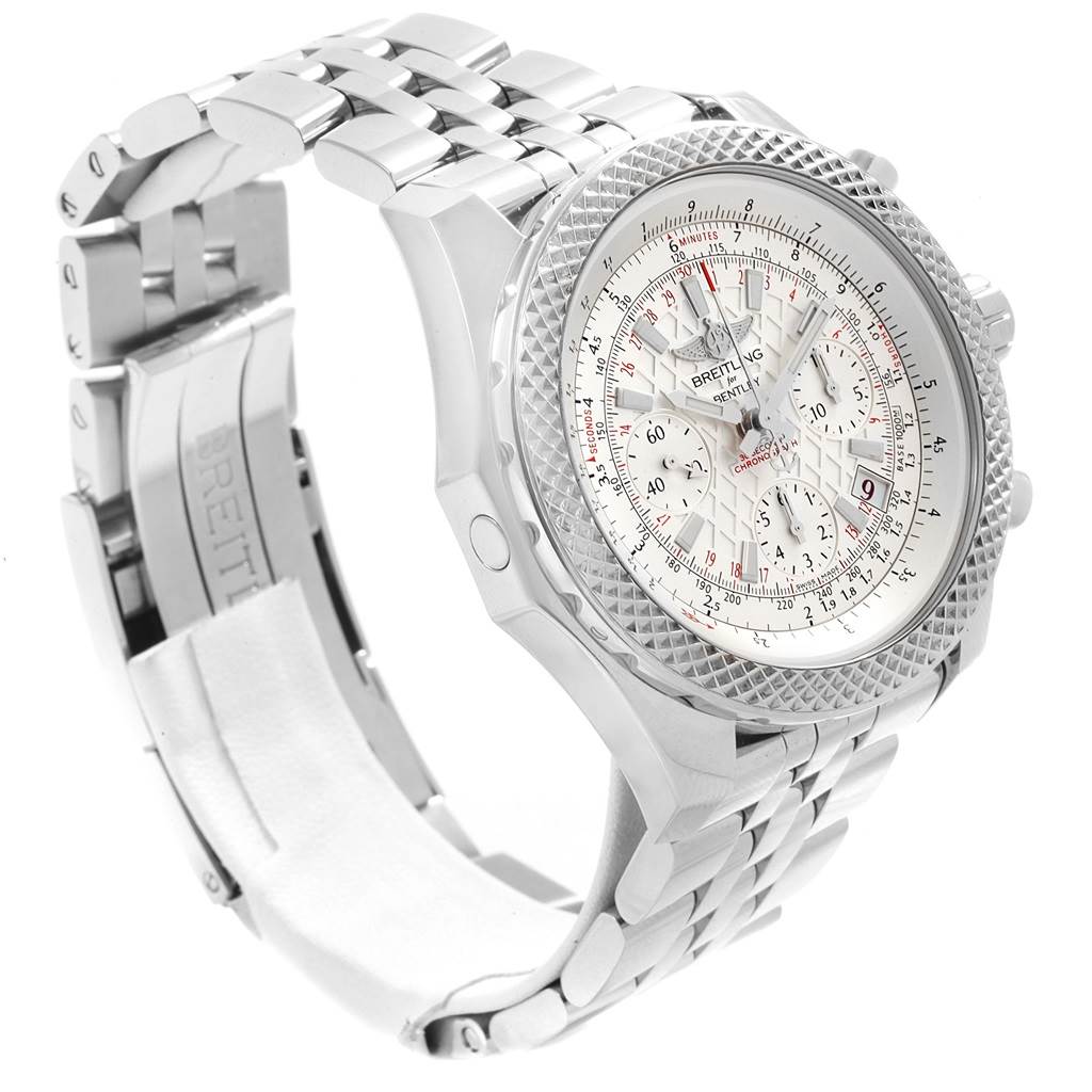 The image shows a side angle of the Breitling Bentley AB061221/G810-980A Men
s Stainless Steel Silver Dial AB061221/G810-980A Men
s Stainless Steel Silver Dial watch, highlighting its dial, bezel, bracelet, and clasp.