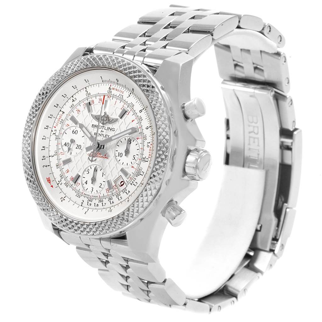 This image shows a side view of the Breitling Bentley AB061221/G810-980A Men
s Stainless Steel Silver Dial AB061221/G810-980A Men
s Stainless Steel Silver Dial model watch, highlighting its dial, bezel, crown, and metal bracelet.