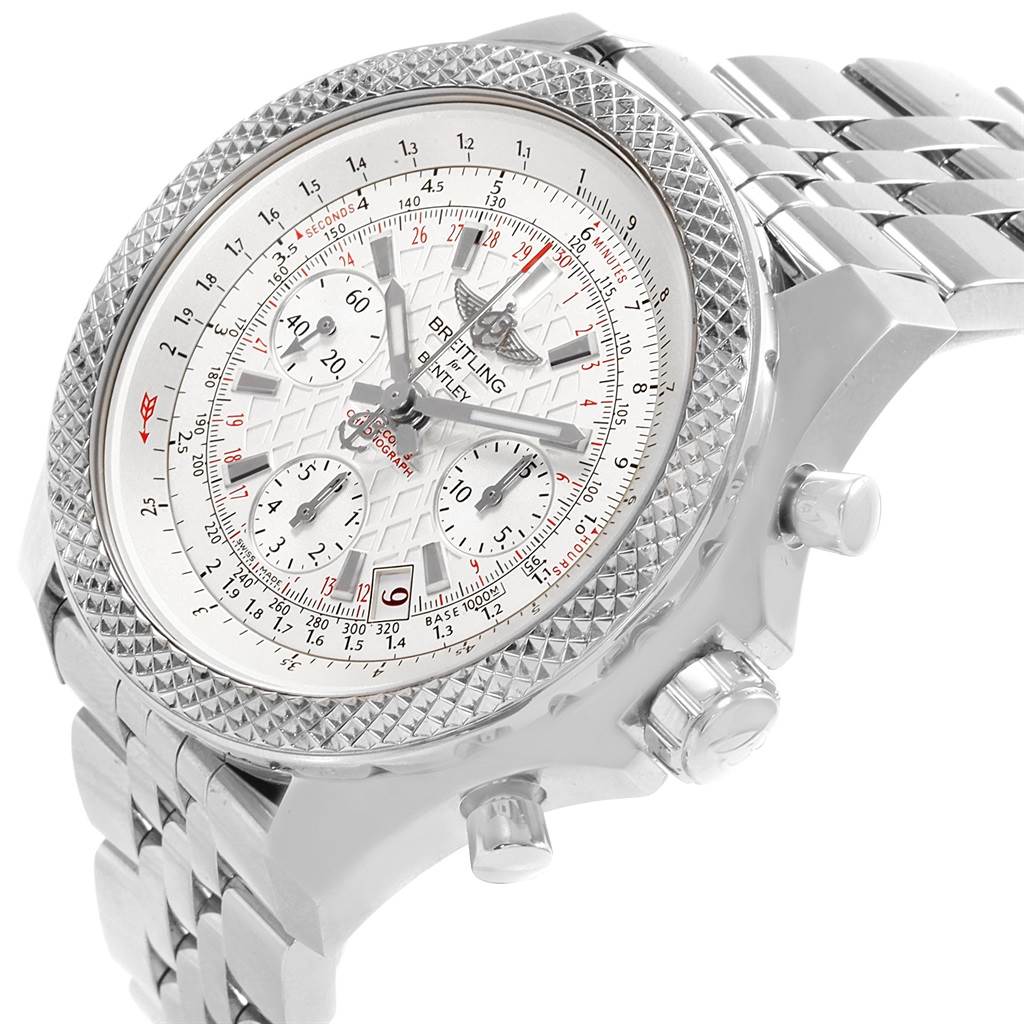 This Breitling Bentley AB061221/G810-980A Men
s Stainless Steel Silver Dial AB061221/G810-980A Men
s Stainless Steel Silver Dial watch is shown from an angled view highlighting the face, bezel, and part of the bracelet.