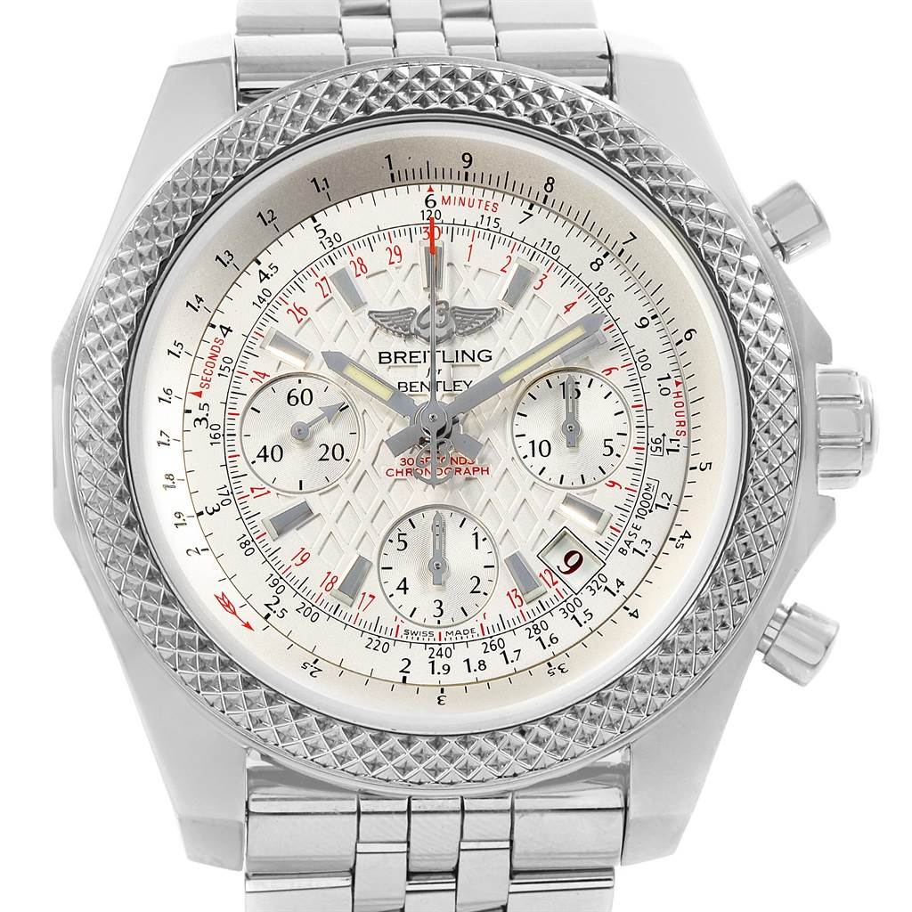 This image shows a front view of the Breitling Bentley AB061221/G810-980A Men
s Stainless Steel Silver Dial AB061221/G810-980A Men
s Stainless Steel Silver Dial watch, highlighting the dial, bezel, subdials, and bracelet.