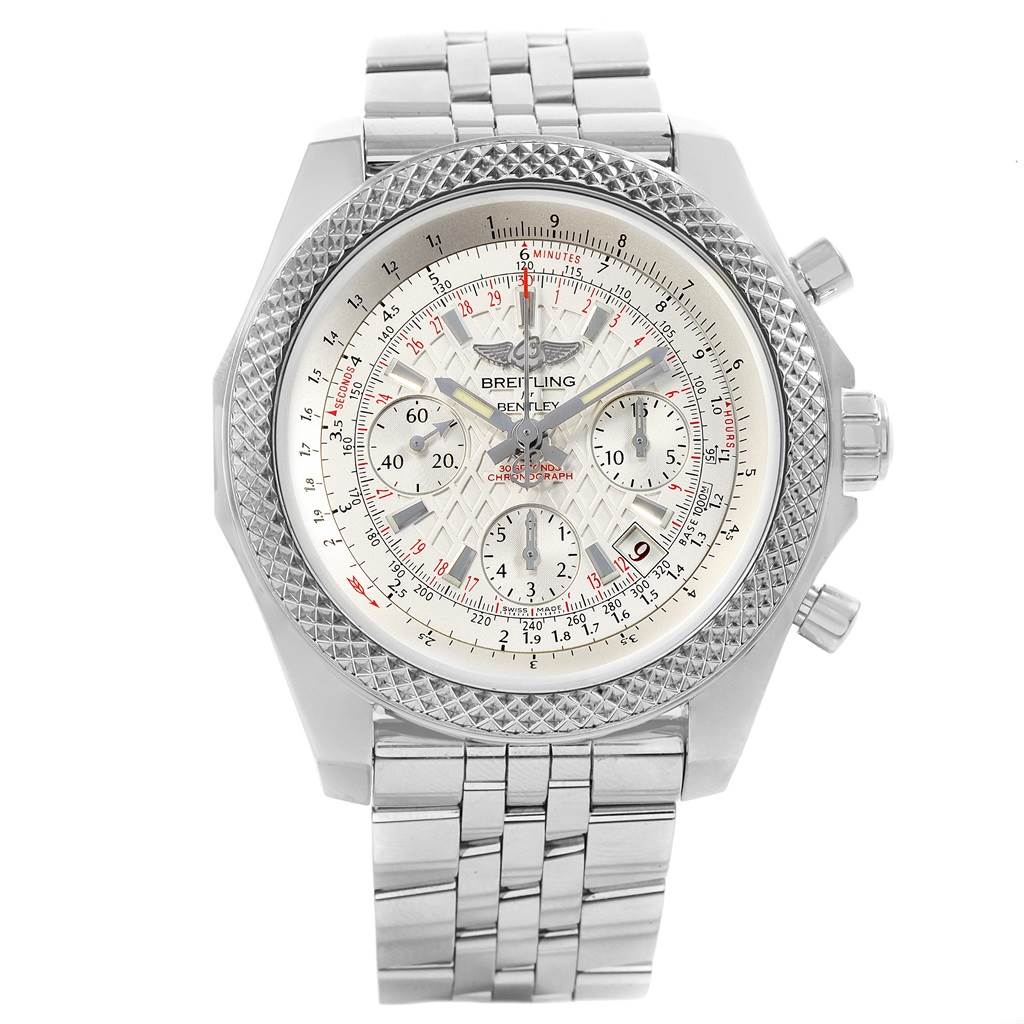 This image shows a front view of a Breitling Bentley AB061221/G810-980A Men
s Stainless Steel Silver Dial AB061221/G810-980A Men
s Stainless Steel Silver Dial model watch, highlighting its dial, bezel, chronograph subdials, and stainless steel bracelet.