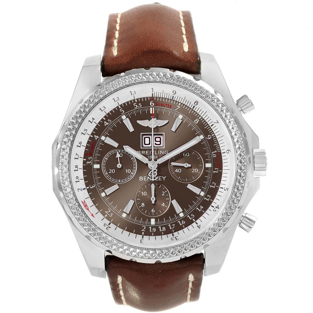The image shows a Breitling Bentley A44362 Men's Stainless Steel Brown Dial A44362 Men's Stainless Steel Brown Dial watch from a front angle, featuring a brown dial, stainless steel case, and a leather strap.