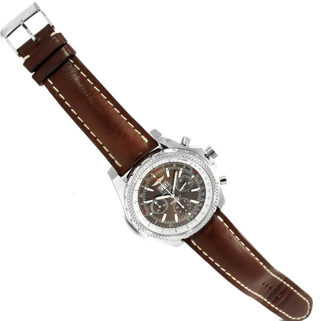 The Breitling Bentley A44362 Men's Stainless Steel Brown Dial A44362 Men's Stainless Steel Brown Dial watch is shown from a top-down angle, displaying the dial, bezel, and full leather strap.