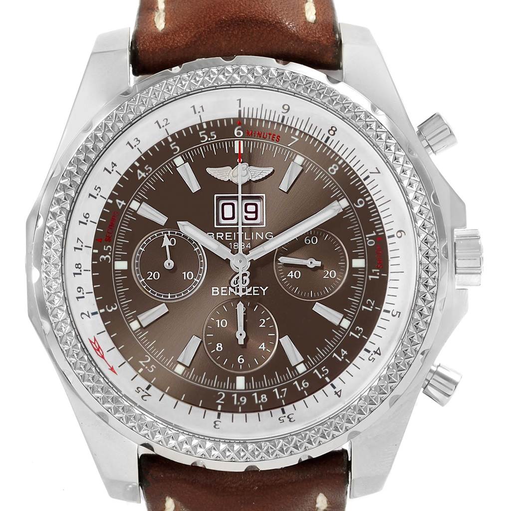 The image shows a front view of a Breitling Bentley A44362 Men's Stainless Steel Brown Dial A44362 Men's Stainless Steel Brown Dial watch with a brown dial and leather strap.