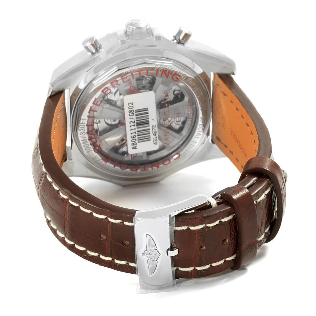 The image shows the back view of a Breitling Bentley A44362 Men's Stainless Steel Silver Dial A44362 Men's Stainless Steel Silver Dial model watch with a brown leather strap and a visible buckle.
