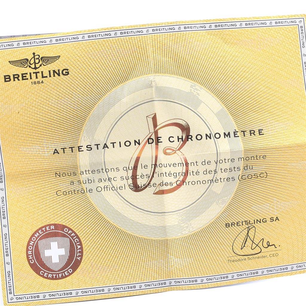 This image shows the chronometer certificate for the Bentley model by Breitling at a slanted angle.