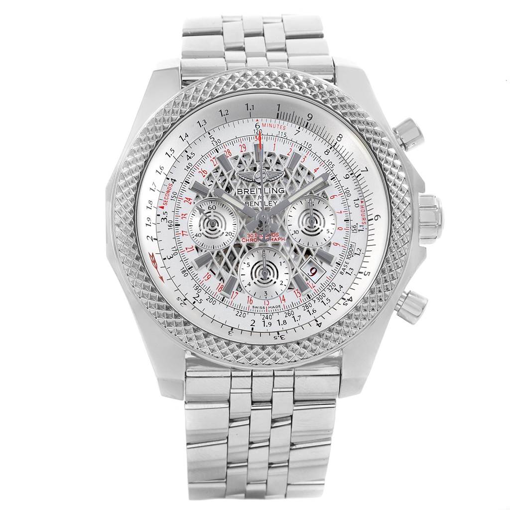 The image shows a front view of the Breitling Bentley AB061112/G768/990A Men's Stainless Steel Silver Dial AB061112/G768/990A Men's Stainless Steel Silver Dial watch, highlighting its dial, bezel, chronograph subdials, and metal bracelet.