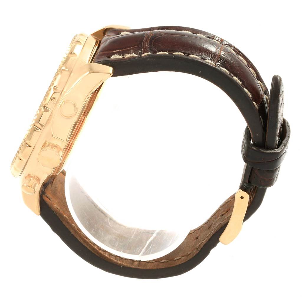 The image shows a side view of a Bentley model by Breitling, highlighting its case, brown leather strap, and buckle.