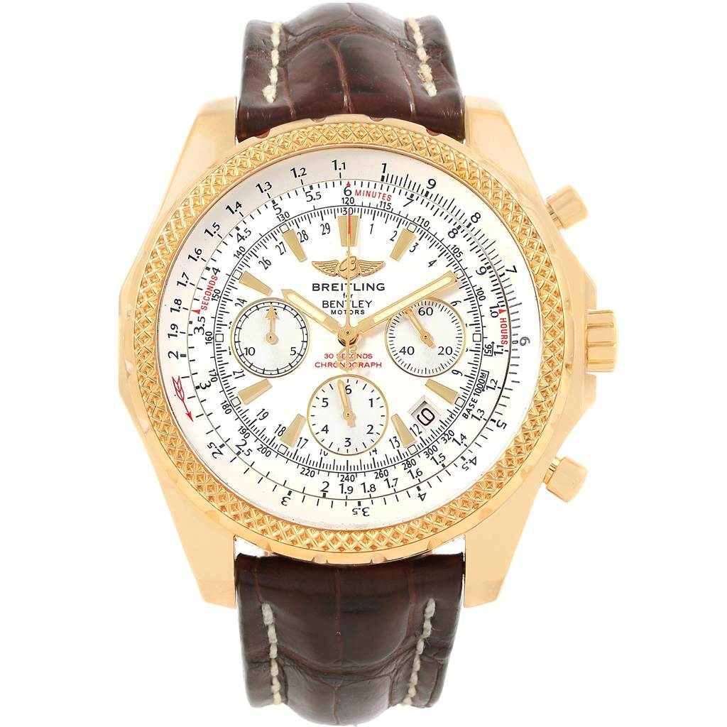 This image shows a Breitling Bentley K25362 Men
s Steel and Gold (two tone) White Dial K25362 Men
s Steel and Gold (two tone) White Dial watch from a front angle, highlighting the face, bezel, and leather strap.