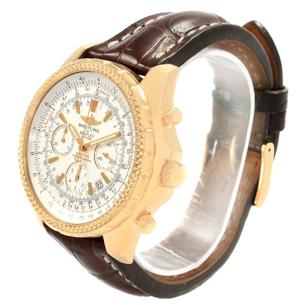The Breitling Bentley K25362 Men
s Steel and Gold (two tone) White Dial K25362 Men
s Steel and Gold (two tone) White Dial model watch is shown at a side angle, highlighting the dial, bezel, crown, and leather strap.