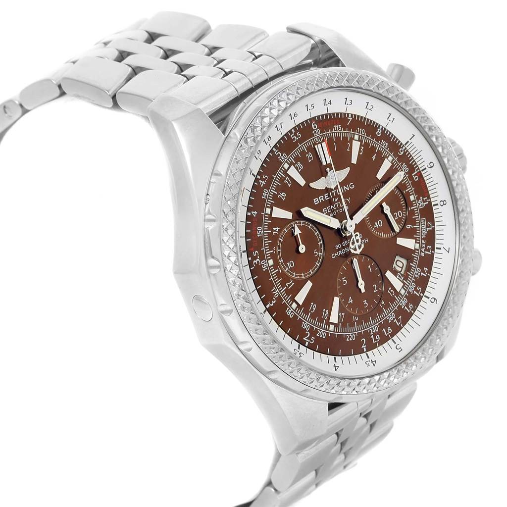 This image shows a side and angled view of the Breitling Bentley A25362 Men
s Stainless Steel Brown Dial A25362 Men
s Stainless Steel Brown Dial model watch, highlighting the brown dial and metal bracelet.
