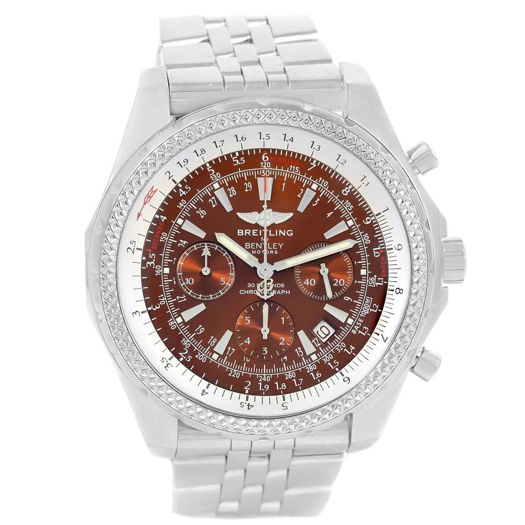 The image shows a front view of the Breitling Bentley A25362 Men
s Stainless Steel Brown Dial A25362 Men
s Stainless Steel Brown Dial watch, highlighting its dial, bezel, crown, pushers, and bracelet.