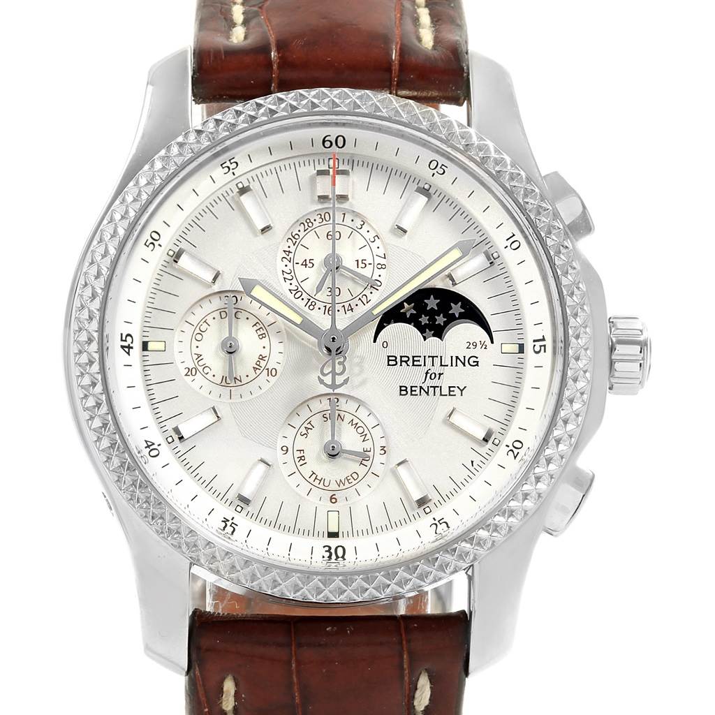 The image shows a Breitling for Bentley watch from a front angle, highlighting its dial, bezel, sub-dials, and leather strap.