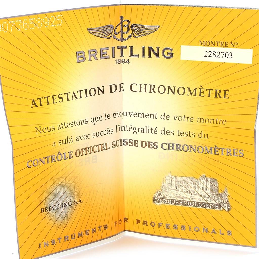 This image shows a Breitling Bentley P19362 Men
s Stainless Steel Mother of Pearl Dial P19362 Men
s Stainless Steel Mother of Pearl Dial model chronometer certificate at a frontal angle.