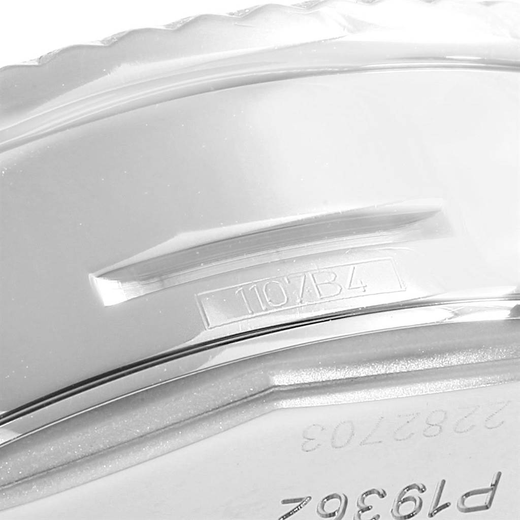 The image shows a close-up of the side of a Breitling Bentley P19362 Men
s Stainless Steel Mother of Pearl Dial P19362 Men
s Stainless Steel Mother of Pearl Dial watch, highlighting the case details and engraving.