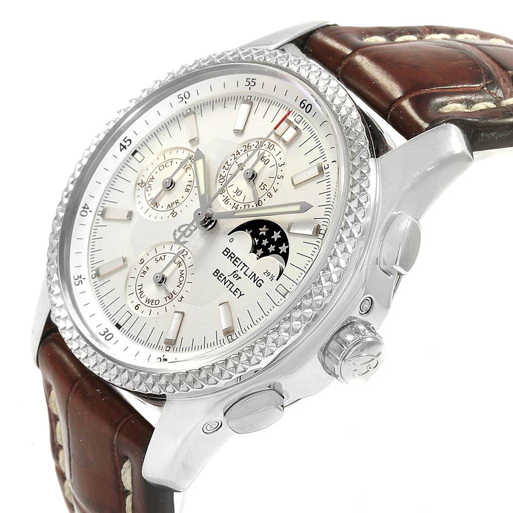 The image shows a Breitling Bentley P19362 Men
s Stainless Steel Mother of Pearl Dial P19362 Men
s Stainless Steel Mother of Pearl Dial watch at an oblique angle, highlighting the face, dials, bezel, and part of the leather strap.