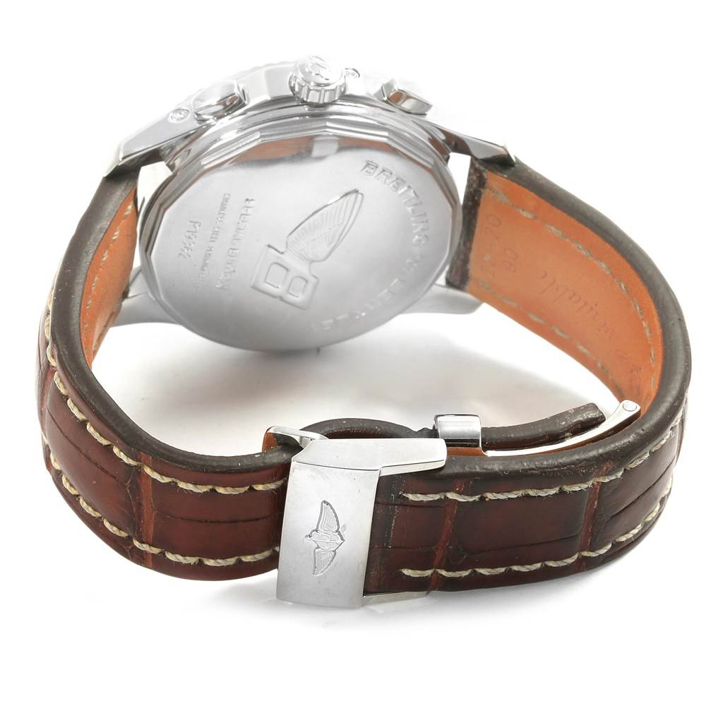 The image shows the back of a Breitling Bentley P19362 Men
s Stainless Steel Mother of Pearl Dial P19362 Men
s Stainless Steel Mother of Pearl Dial watch, highlighting the case back, leather strap, and clasp.