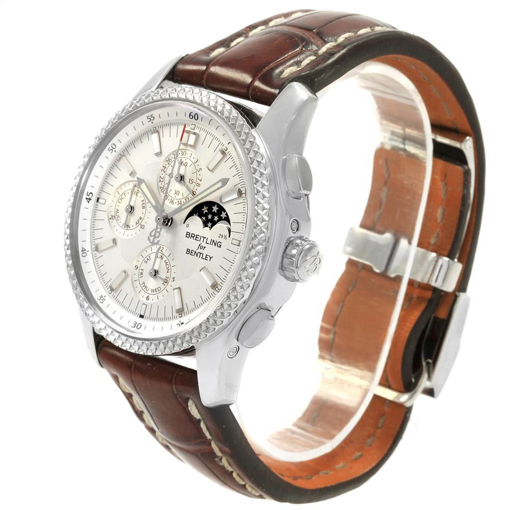 The image shows a Bentley model by Breitling watch at an angle that displays its face, bezel, crown, and leather strap.