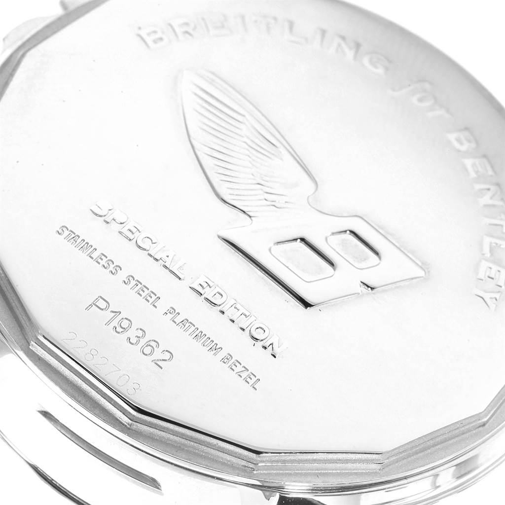 The image shows the back of the Breitling Bentley P19362 Men
s Stainless Steel Mother of Pearl Dial P19362 Men
s Stainless Steel Mother of Pearl Dial watch featuring branding and model information.