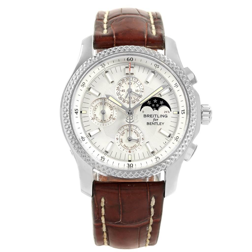 This image shows a front view of the Bentley model watch by Breitling, with a brown leather strap and multiple dials.