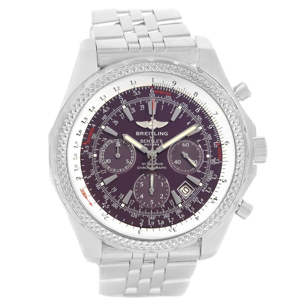The image shows a front view of a Bentley model watch by Breitling, featuring a dark dial, chronograph subdials, and a metal bracelet.