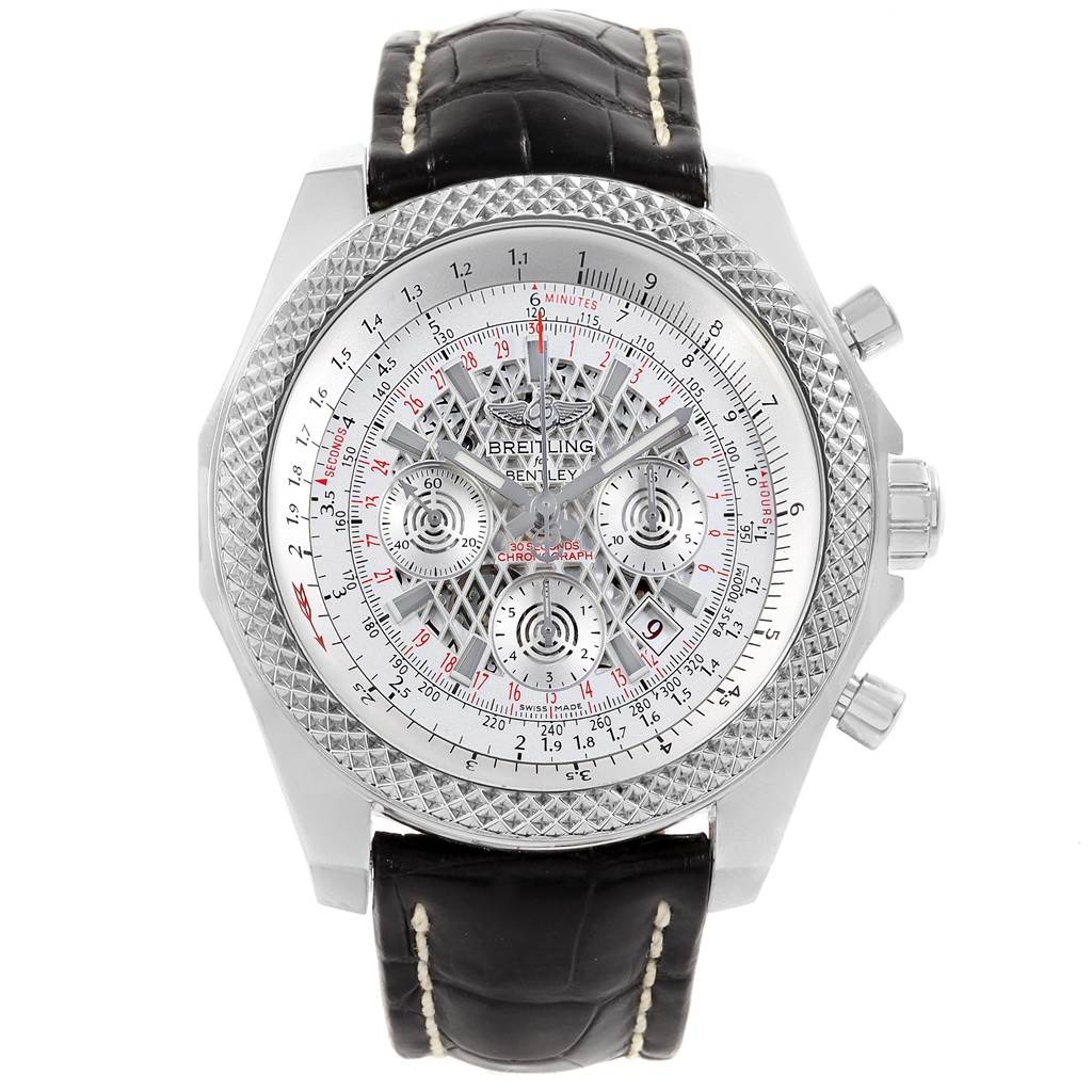 The image shows a frontal view of a Breitling Bentley AB061112-G802-754P Men's Stainless Steel Silver Dial AB061112-G802-754P Men's Stainless Steel Silver Dial watch, with visible dial, leather strap, and chronograph buttons.