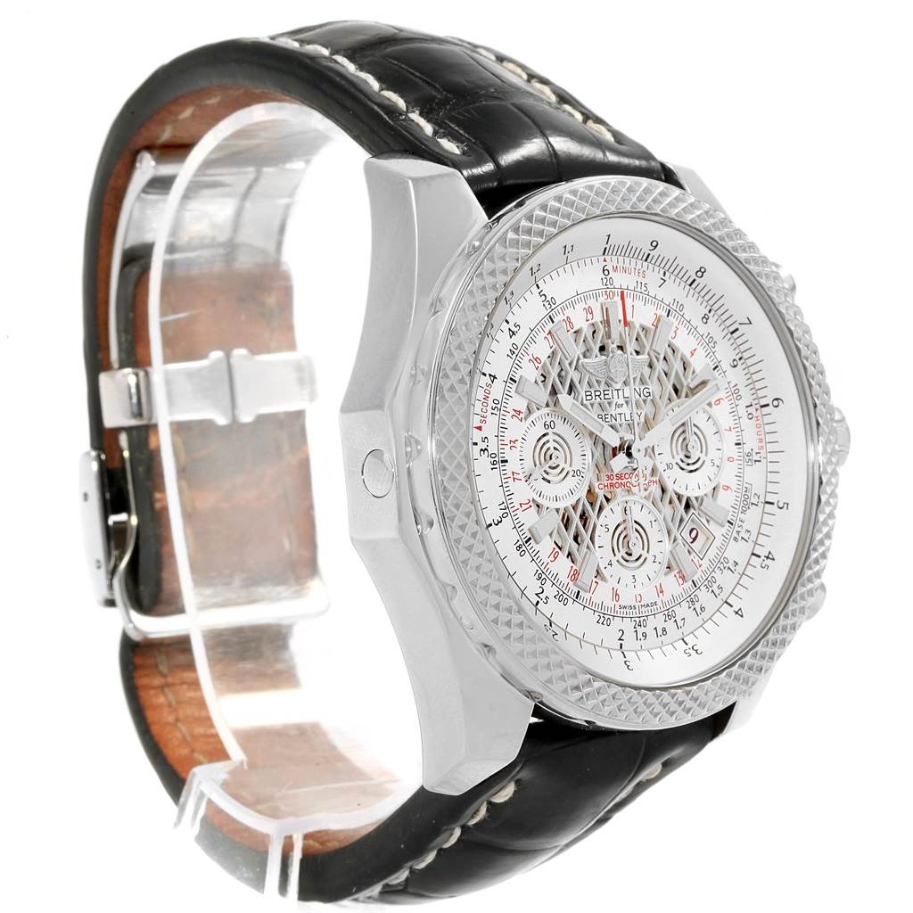 The Breitling Bentley AB061112-G802-754P Men's Stainless Steel Silver Dial AB061112-G802-754P Men's Stainless Steel Silver Dial watch is shown at a three-quarter angle, displaying the dial, bezel, and part of the leather strap.