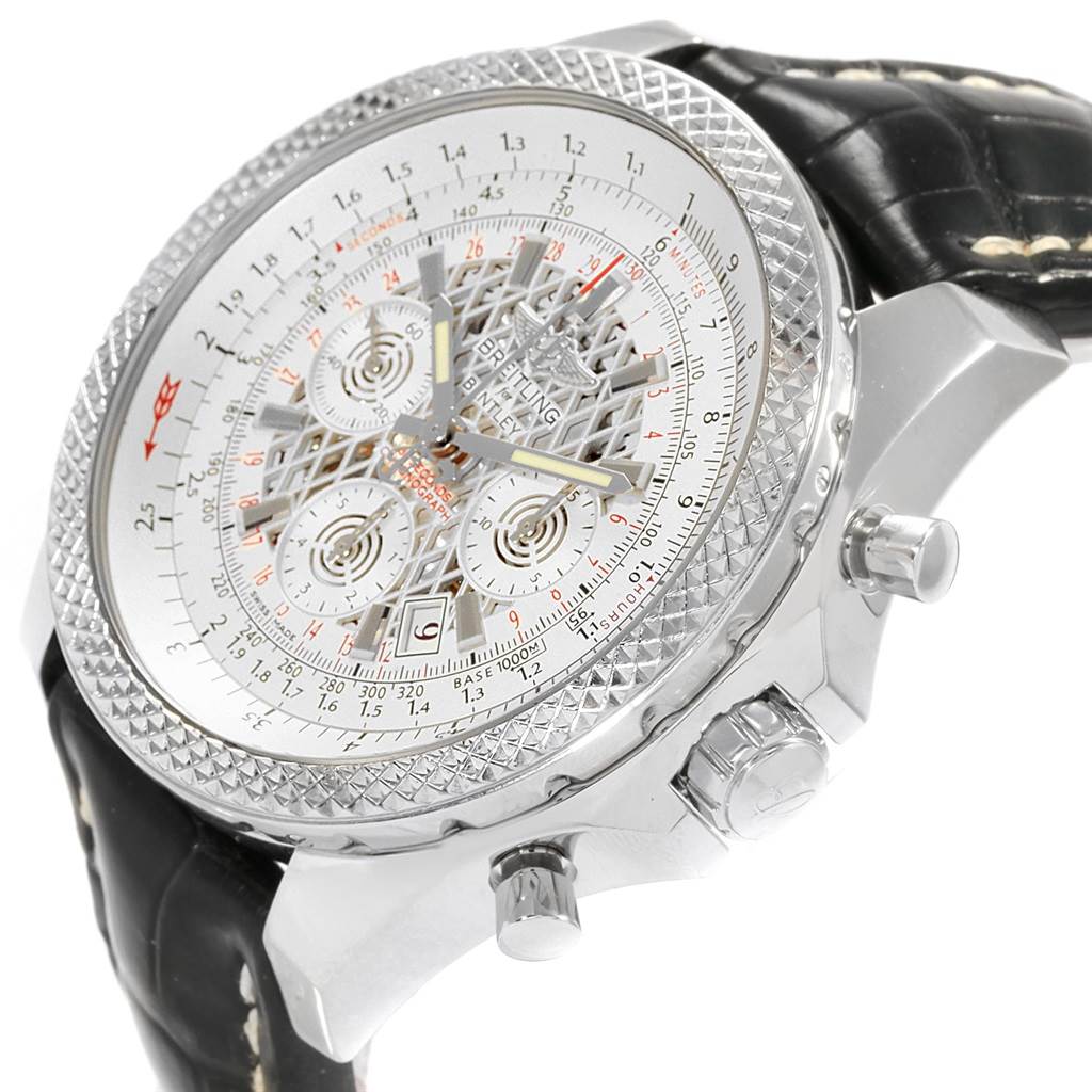 The image shows a Breitling Bentley AB061112-G802-754P Men's Stainless Steel Silver Dial AB061112-G802-754P Men's Stainless Steel Silver Dial watch from an angled side view, highlighting its intricate dial, bezel, and push-piece crown.