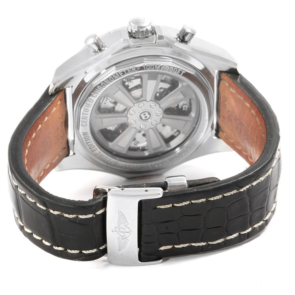 The image shows the back view of a Breitling Bentley AB061112-G802-754P Men's Stainless Steel Silver Dial AB061112-G802-754P Men's Stainless Steel Silver Dial watch, including the leather strap and clasp.